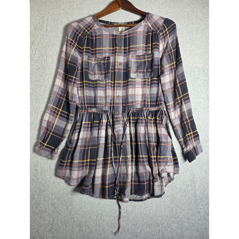 Entro T3672 Plaid Tunic Top Womens Small Navy Grey Orange Rayon Peplum Waist